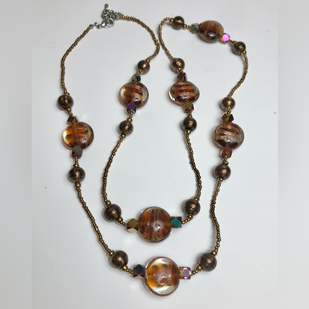 🌹🍃VTG Amber, Brown, Rust Tone Art Glass 37” Seed Bead AB Crystal Necklace🍃🌹